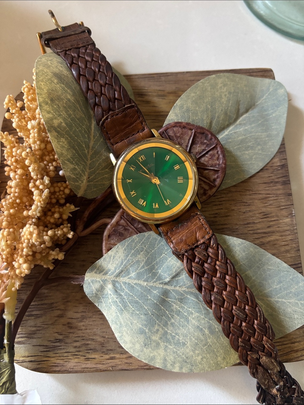 ❤️… Fossil Classic Brown Braided Leather Watch with Green Dial